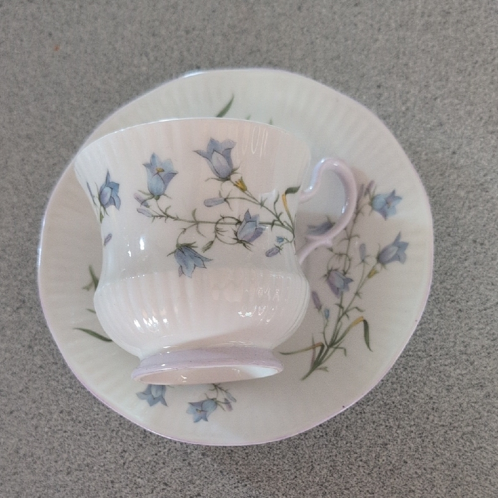 Harebell Queens Rosina Blue Floral Footed Cup Saucer Set